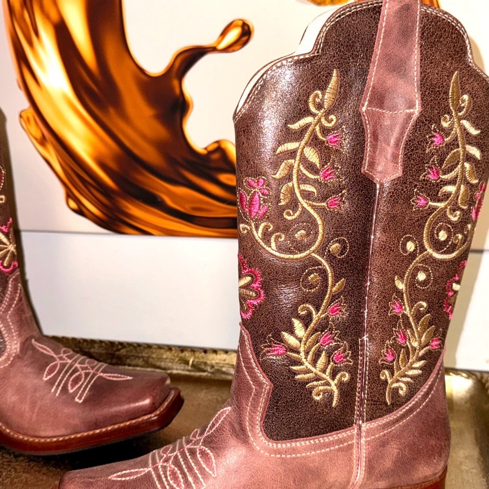 Floral Embroidered Western Boots - Brown and Pink - Picture 3 of 6